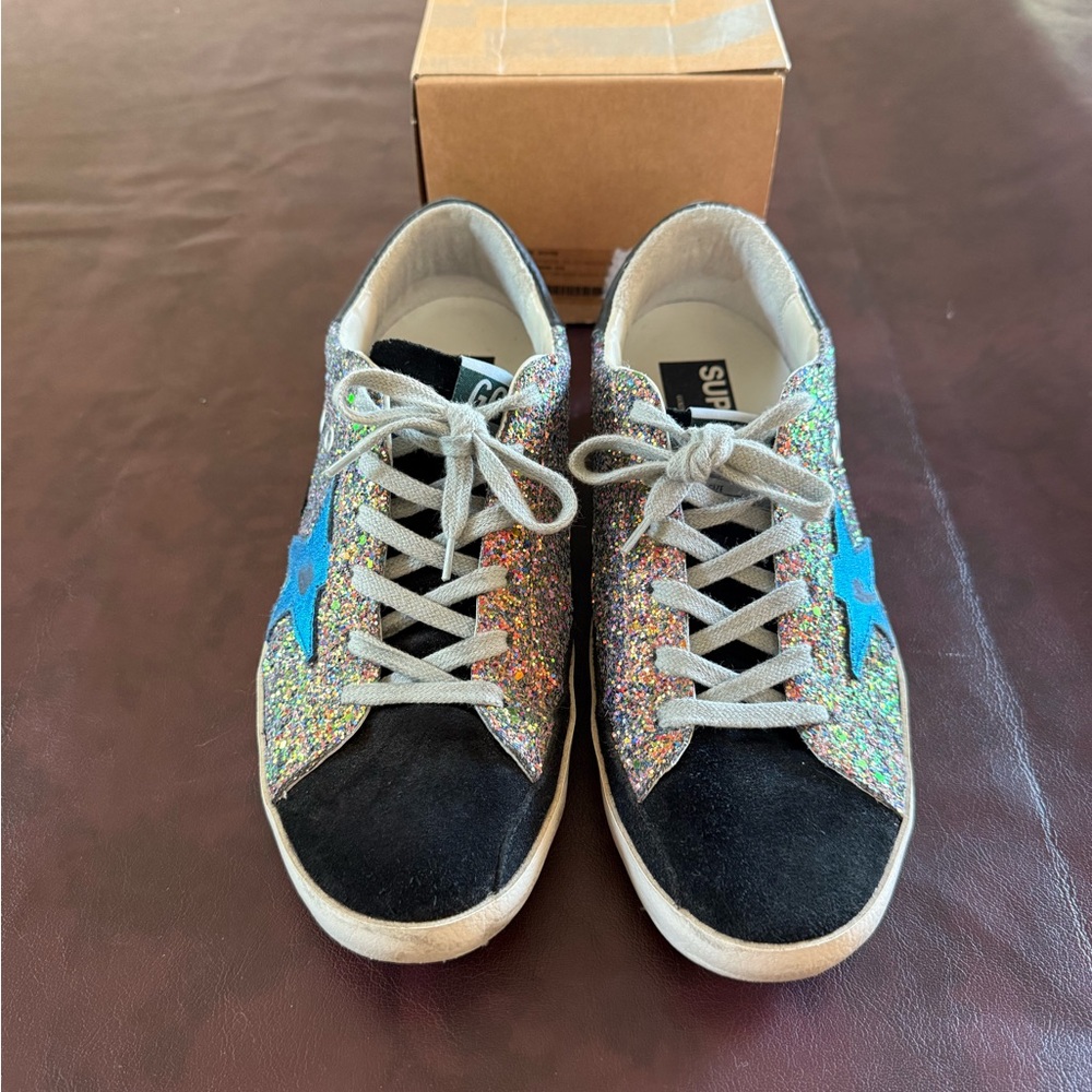 Golden Goose Multicolor Glitter and Black Sneakers w/ Blue Metallic Star